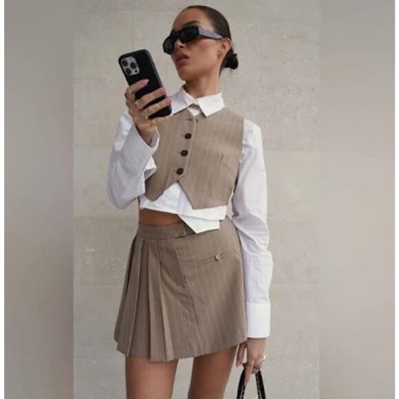 Zara Tan Brown Pinstriped Box Pleated Mini Skirt with Pocket Size XL - Picture 5 of 12